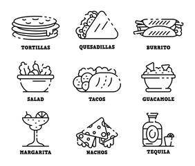 Canvas Print - Mexican food icons set. Outline set of mexican food vector icons for web design isolated on white background