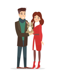 Wall Mural - Vector illustration of couple of young people with a pet. Handsome husband and pretty wife with a cute dog, pet concept in flat cartoon style.