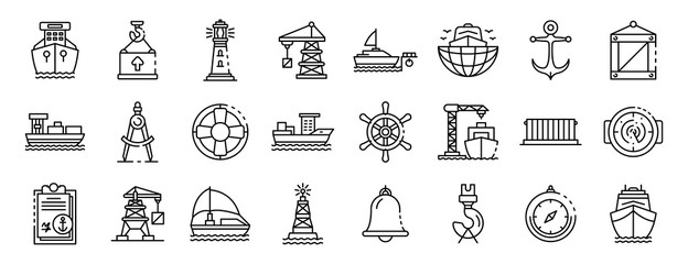 Poster - Marine port icons set. Outline set of marine port vector icons for web design isolated on white background