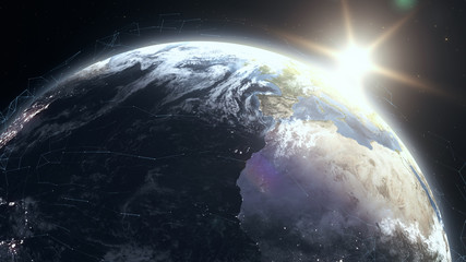 Wall Mural - realistic sunrise over planet earth 3d illustration. sunrise with digital data grid. globe lits up f
