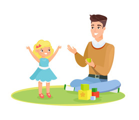 Wall Mural - Vector illustration of father and young daughter playing on the carpet with toys, daddy and kid, happy daddy s day concept. Happy child and father playing together, isolated on white background in