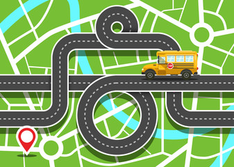 Poster - City Map with School Bus on Road and Destination Red Pin - Vector