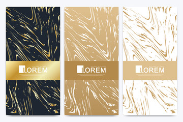 Poster - Chocolate bar packaging set. Trendy luxury product branding template with label pattern for packaging. Golden package with marble texture background and golden geometric lines. Vector illustration