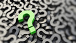 Green question mark on a background of black signs. 3D Rendering
