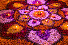 Bright Colorful Mandala Of Fresh Flowers With Burning Candles At Night Festival Diwali