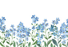 Watercolor Seamless Border Of Blue Forget-me-not With Green Leaves On White Background