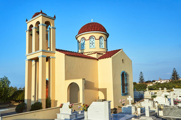 Poster - Orthodox  cemetery and  church with belfry on the island of Crete..