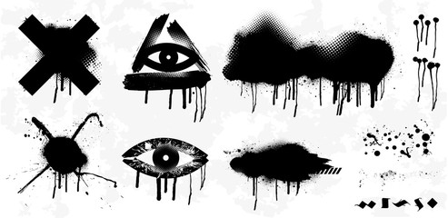 Poster - Spray graffiti stencil template. Isolated collection. Black splashes isolated on transparent background. Vector set Spray