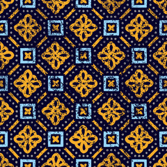 Seamless vintage pattern. Old shabby tile. Grunge print in blue and yellow shades. Vector illustration.