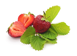 Poster - Ripe strawberry with leaves.