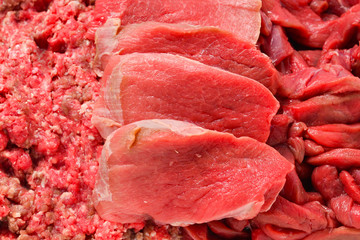 Different types of raw veal background. Slices, minced meat, beef stroganoff.