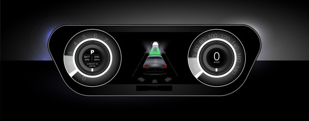 Poster - A sample of the concept of the dashboard and instruments and the designation of Parking and radar. Vector illustration.