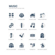 © Meth Mehr - simple set of icons such as pied piper of hamelin, drummer set, dj hand motion, boy with headphones, long play record cover, seven piano keys, sax, bladder pipe, lute, music note black. related