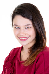 Poster - Portrait of young pretty positive girl smiling looking at camera over white background