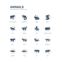 Simple Set Of Icons Such As Cow, Pig, Tuna, Salmon, Mosquito, Fox, Tiger, Goat, Guinea Pig Heag, Bee. Related Animals Icons Collection. Editable 64x64 Pixel Perfect.