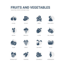 Simple Set Of Icons Such As Horseradish, Carambola, Tamarind, Passion Fruit, Salad, Beetroot, Grape, Plum, Bell Pepper, Acorn. Related Fruits And Vegetables Icons Collection. Editable 64x64 Pixel
