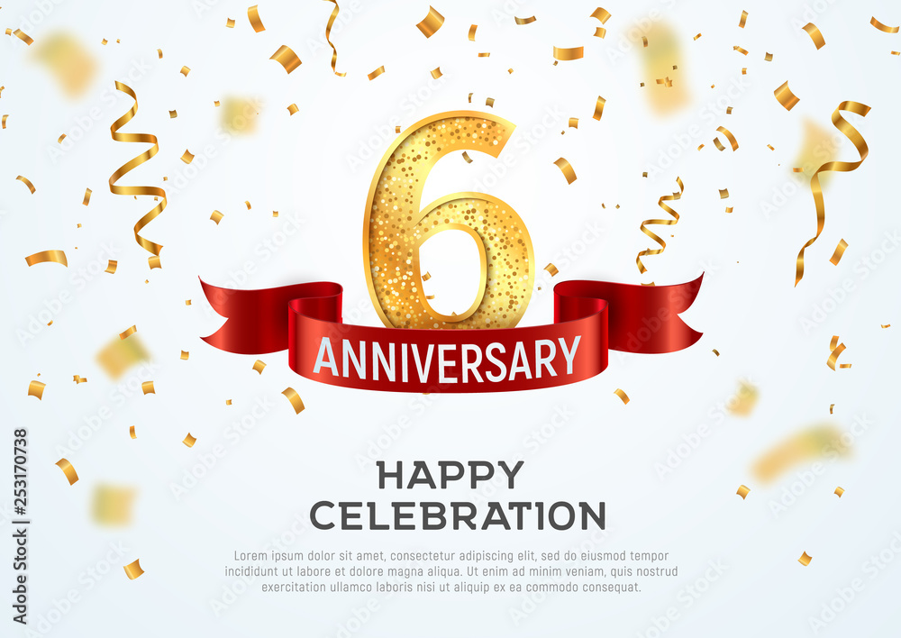 6 years anniversary vector banner template. Six year jubilee with red ribbon and confetti on white background - obrazy, fototapety, plakaty 