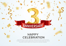 3 Years Anniversary Vector Banner Template. Three Year Jubilee With Red Ribbon And Confetti On White Background