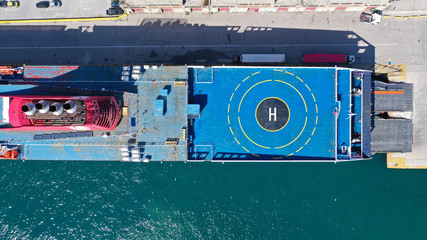 Aerial drone top view photo of passenger cruise ship docked in Mediterranean port