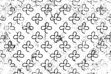 Grunge Pattern With Line Signs Of Shamrocks. Horizontal Black And White Backdrop.