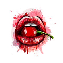 Woman Red Lips With Cherry