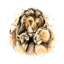 Family Of Lions From A Splash Of Watercolor