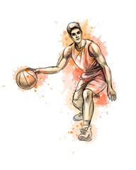 Wall Mural - Abstract basketball player with ball from a splash of watercolor