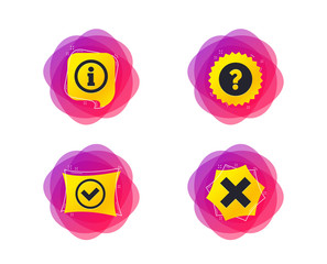 Poster - information icons. delete and question faq mark signs. approved check mark symbol. geometric gradien