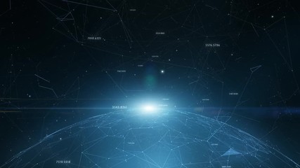 Cyberspace network globe with artistic light, lens flare and flying random numbers.