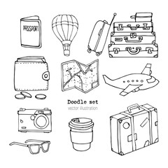 Set of cute hand drawn travel doodle. Vacation or Time to Travel concept. Tourism and trip sketch cartoon elements. Map, suitcase, airplane, camera, passport, tickets, smartphone. Vector illustration.