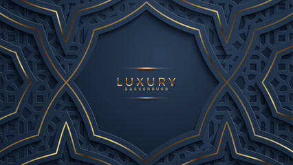 Wall Mural - Luxury black background with a combination glowing golden dots with 3D style. Abstract black papercut textured background with shining golden halftone pattern.
