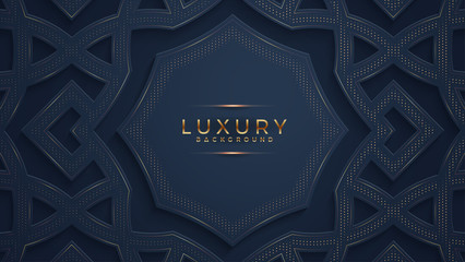Poster - Luxury black background with a combination glowing golden dots with 3D style. Abstract black papercut textured background with shining golden halftone pattern.