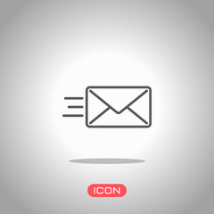 Poster - send mail icon. sms line. Icon under spotlight. Gray background