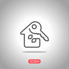 Poster - Eco house with key. Linear icon with thin outline. One line style. Icon under spotlight. Gray background