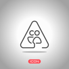 Poster - Man and woman in warning triangle. Sign for pedestrians. Linear icon with thin outline. One line style. Icon under spotlight. Gray background