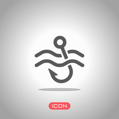 Poster - Fishing hook and water. Simple icon. Icon under spotlight. Gray background
