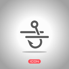Poster - Fishing hook and water. Simple icon. Icon under spotlight. Gray background