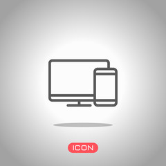 Poster - Computer and phone, outline linear icon. Icon under spotlight. Gray background