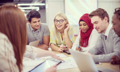 Poster - Multiethnic startup business team having meeting