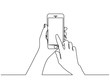 continuous line drawing of  hand typing on mobile phone isolated on white background. hand holding a modern smartphone and pointing with finger. 