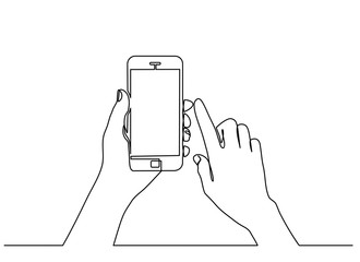 continuous line drawing of  hand typing on mobile phone isolated on white background. hand holding a modern smartphone and pointing with finger. 