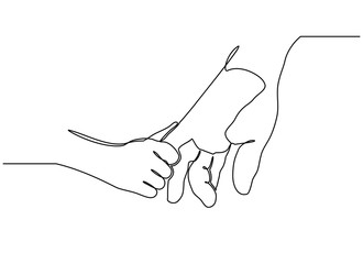 Wall Mural - Continuous line drawing. the parent holds the hand of a small child. Display of small children holding adult finger.