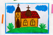 Colorful drawing: A small church with a tower on the hill