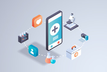 Poster - healthcare mobile application online medical laboratory concept smartphone screen medicine tests app interface digital technology 3d isometric horizontal flat