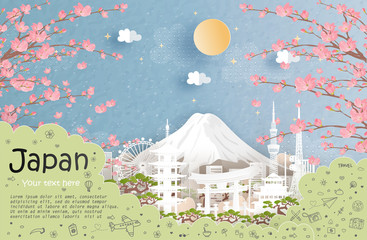 Wall Mural - Tour and travel advertising, postcard, panorama poster of world famous landmark of Japan in paper cut style vector illustration.