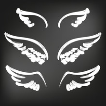 Angel Wings Icon Sketch Collection, Abstract Wings Sketch Set Icon Collection Cartoonhand Drawn Vector Illustration Sketch, Drawn In Chalk On A Black Board