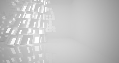  Abstract parametric white interior with neon lighting. 3D illustration and rendering.