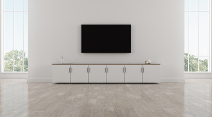 Aufkleber - View of white living room in minimal style with furniture on bright laminate floor.Interior design with TV and cabinet.on white wall, 3d rendering.	