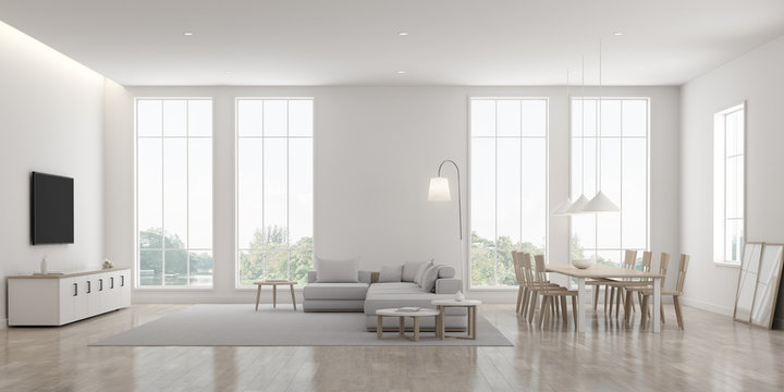 View of white living room in minimal style with furniture on bright laminate floor.Interior design with TV and sofa set on tree background. 3d rendering.	