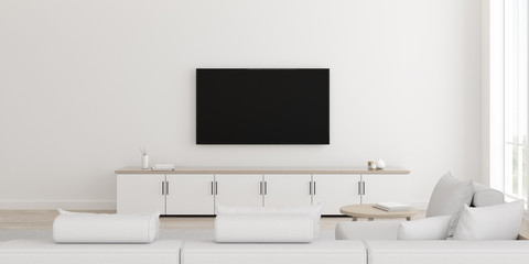 Poster - View of white living room in minimal style with furniture on bright laminate floor.Interior design with TV and cabinet.on white wall, 3d rendering.	